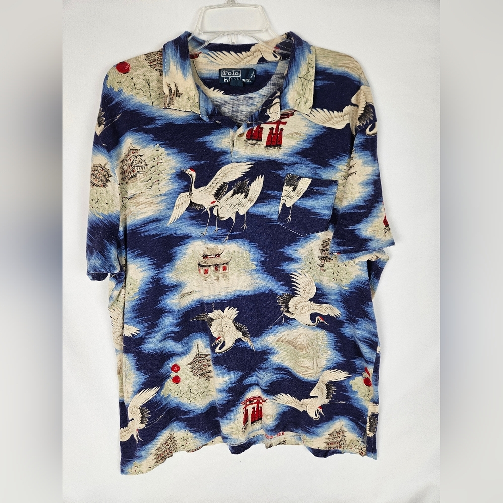VINTAGE 2X Polo by Ralph Lauren Men's Blue Crane Print Shirt